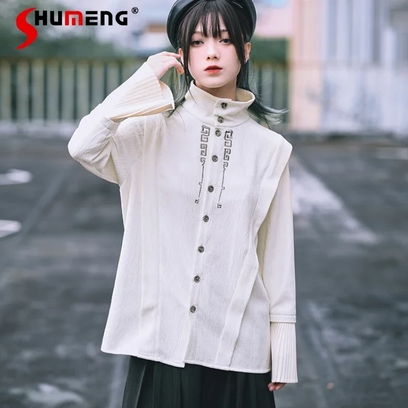 

New Chinese Stand-up Collar Pleated Sleeves Slim Shirt Women's Design Sense Temperament National Style Embroidered White Blouse