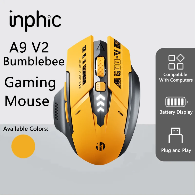 Inpic A9V2 Bumblebee Wireless Game Mouse Electromagnetic Power Display 12800DPI 6-Button Bluetooth 3-Mode Mouse for PC laptops