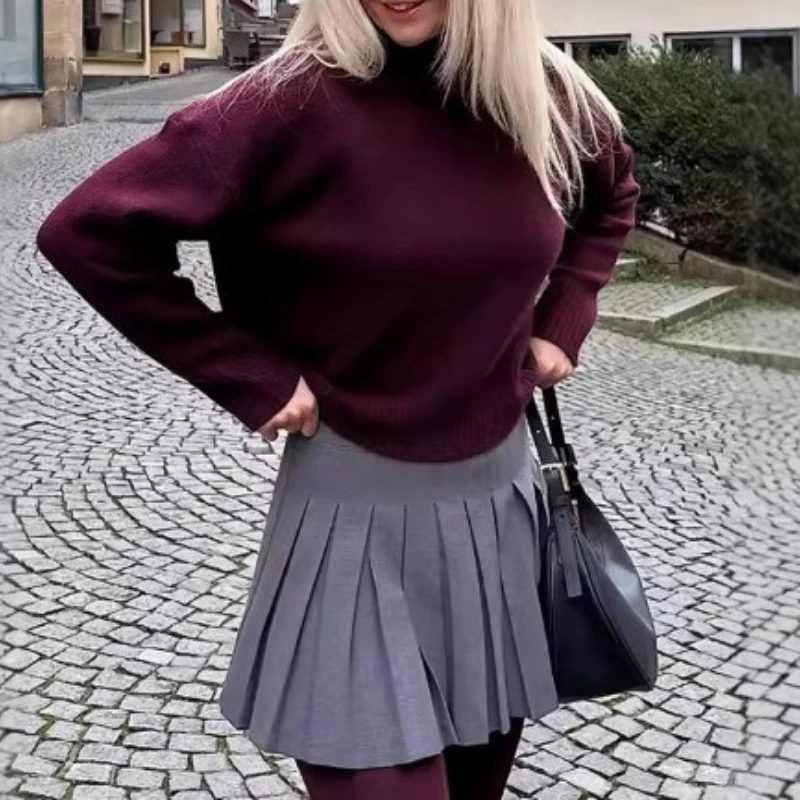 Dames Vintage Bordeaux Coltrui Casual Gebreide Trui Met Lange Mouwen Herfst Winter Dames Effen Warme Truien