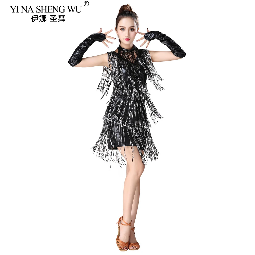 Latin Dance Clothes Women Latin Dance Stage Performance Competition Dress Dance Sequin Fringed Costume Skirt With Glove Necklace