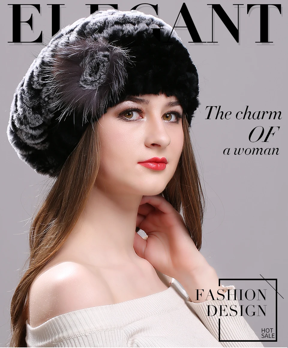Berets für Frauen Echte Kaninchen Pelz Hut Winter Kausalen Warme Gestrickte Kappe Für Mädchen Weibliche Mode Im Freien Große Damen Volumen Hüte – Detail 1