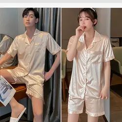 Korean Silk Satin Short Couple Pajamas Suit Cartoon Print Casual Daily Sleepwear Summer Shorts Women 2-piece Set Slim Homewear