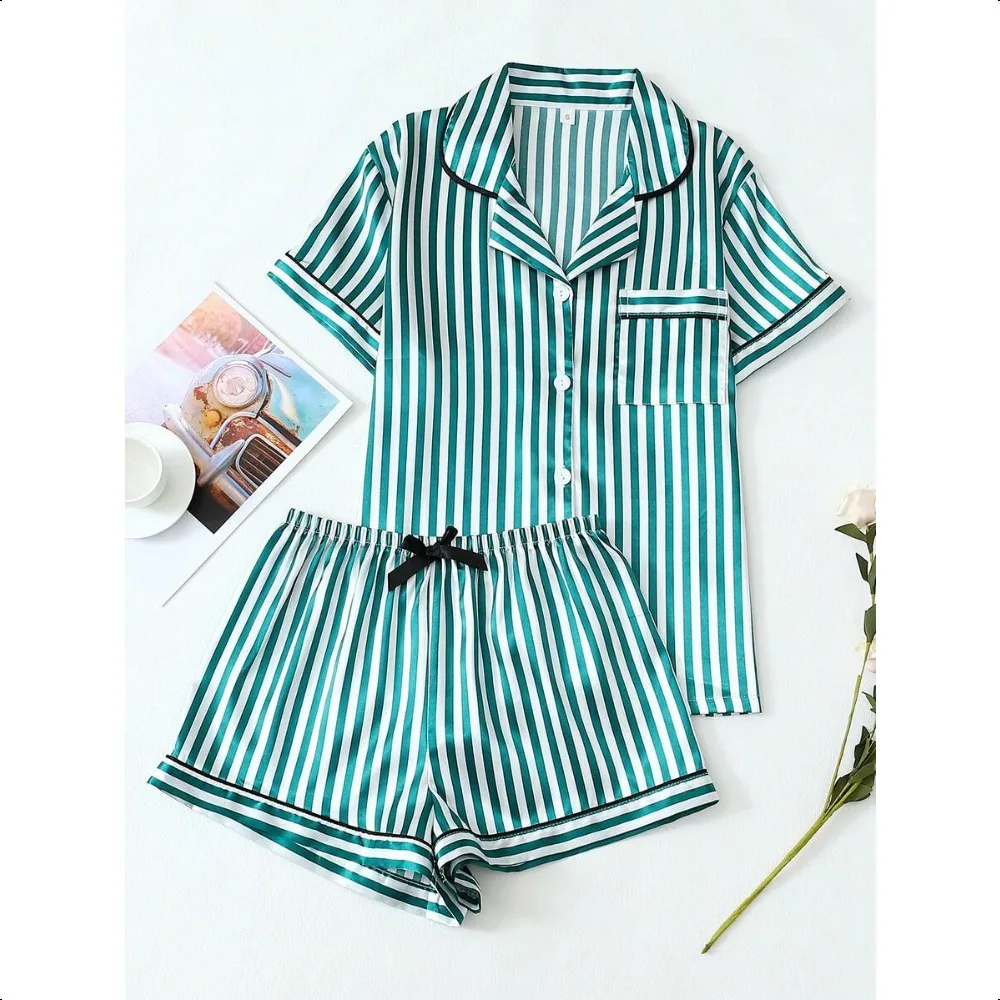 

Women Striped Bow Tie Shorts Pajama Set, Satin Trim Collar Short Sleeve Top, Casual Summer Sleepwear