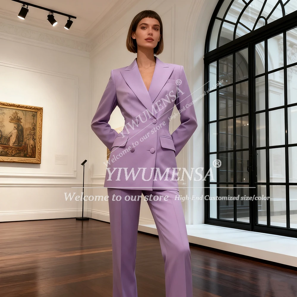 Classic Purple Solid Suit Women 2 Pieces Sets Double Breasted Jacket Pants Customized Lady Business Attire Female Party Blazers