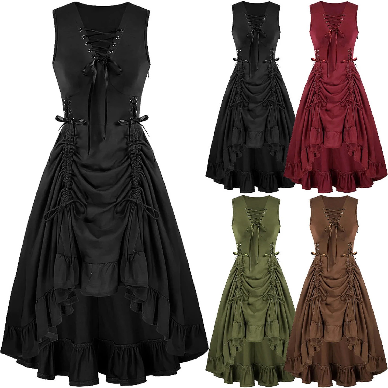 SD Women Renaissance Ruffed Dress GothicRuched Bodice Lace-Up V-Neck Dresses WithDrawstring At Front To Adjust Front Length