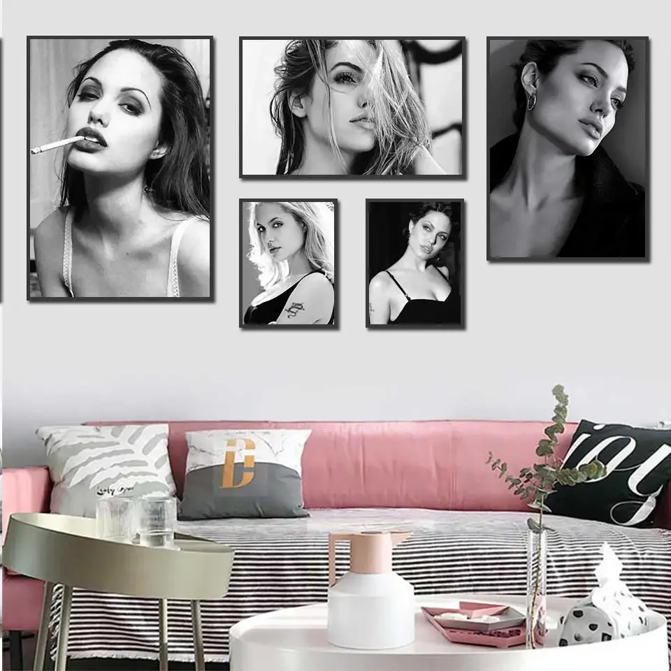 Póster de Angelina Jolie, estrella de cine caliente, actriz, lienzo para fumar en blanco y negro, cuadros de pared para decoración para sala de estar