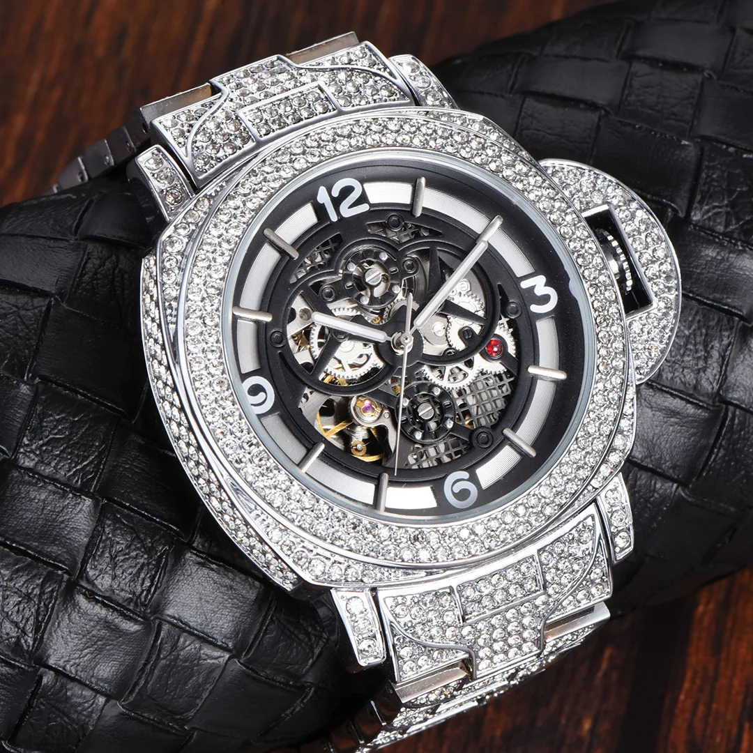 Hip Hop Brand MISSFOX Hollow Out Automatic Mechanical Men Watch Iced Out Diamond Fashion Wristwatch Luxury Waterproof Clock Gift