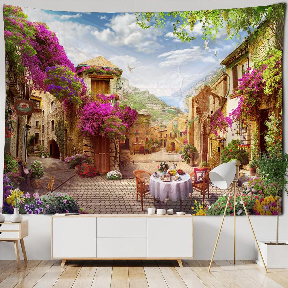 

Sea view oil painting tapestry, European style landscape printing background cloth, bedroom, living room wall decoration