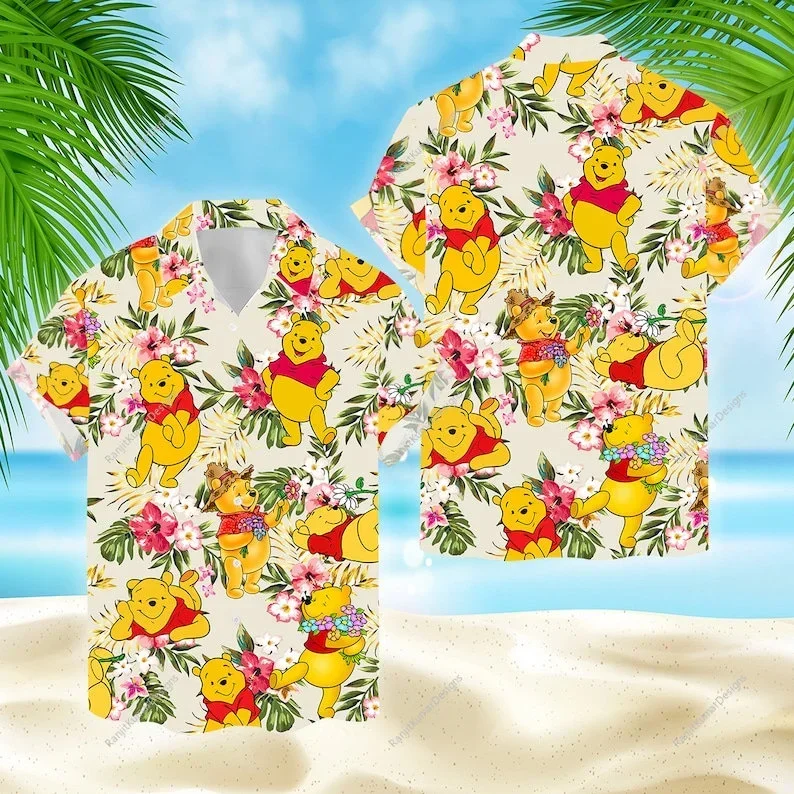 Winnie the Pooh Hawaiian Shirt Men Women Short Sleeve Button Up Shirt Disney Hawaiian Shirt Casual Beach Shirt Harajuku Tops