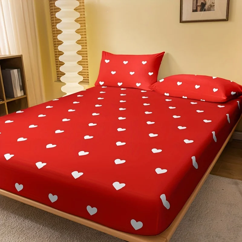 

Fitted Sheet Red And White Heart Pattern Printed Bedding Soft Comfortable Breathable Fitted Sheet For Bedroom Guest Room