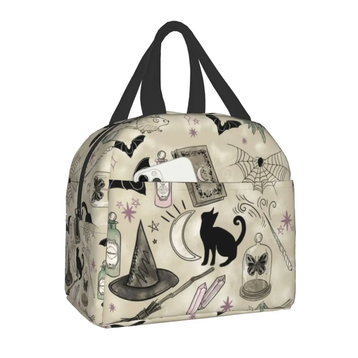 Sac à lunch isotherme thermique pour femme, motif de chat sorcier, boîte à lunch portable pour Halloween, camping, voyage, stockage de nourriture