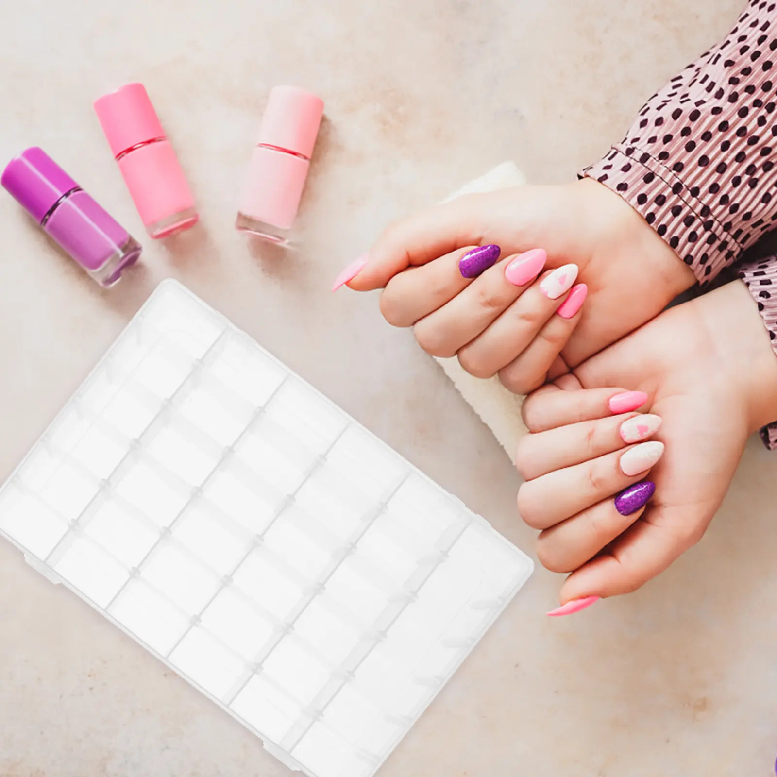 

Набор из 2 пластиковых органайзеров для хранения ногтей, 36 отделений, прозрачный лоток для сортировки, подставка для накладных ногтей, держатель для маникюрных инструментов