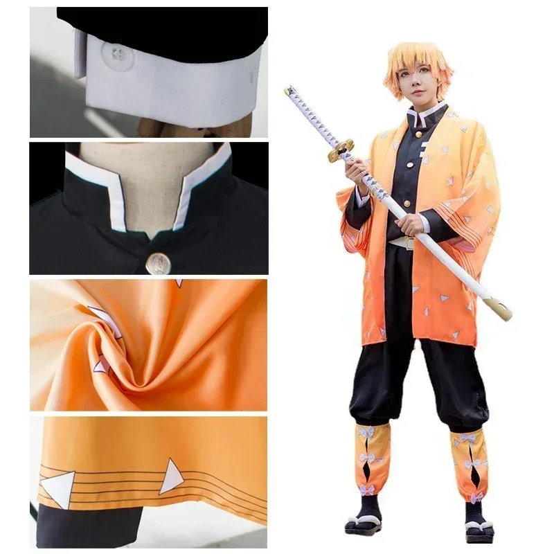 Demon Slayer Kimetsu No Yaiba Anime Cosplay Traje, Kimono Agatsuma Zenitsu Uniforme, Halloween Party Costumes, Adulto e Infantil