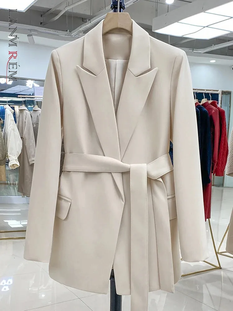 LANMREM Belt Blazers For Women Notched Collar Long Sleeves Solid Color Loose Fashion Coat Korean Version Jacket 2024 New 2DA5208