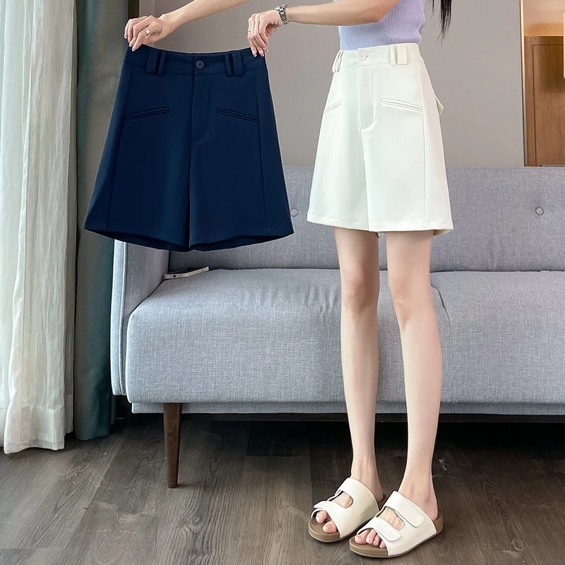 

Ледяной шелк, пятиточечные женские костюмные брюки с высокой талией, летние повседневные тонкие шорты на пуговицах, универсальные модные шорты в корейском стиле