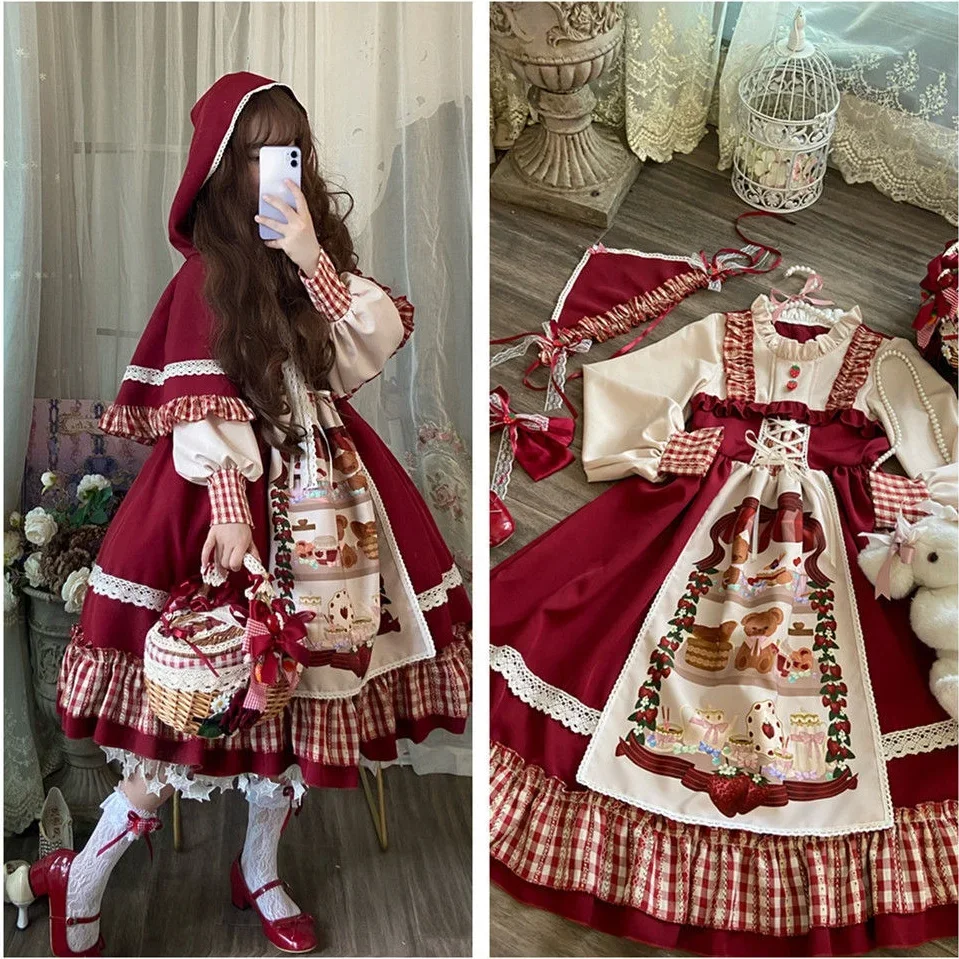 

Christmas Lolita Dress Kawaii Women New Year 2024 Sweet Lace Ruffle Patchwork Puff Long Sleeve Red Princess Plaid