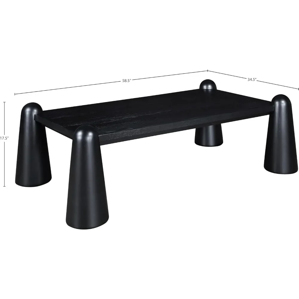 Mesa de centro Art Deco con acabado negro intenso, madera maciza, chapa de roble natural, 58,5" de ancho x 34,5" de profundidad x 17,5" de alto |