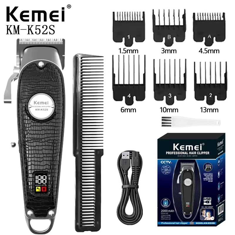 Kemei KM-K52s Professional USB LCD Black Hair Clipper Fast Rechargeable High Speed Motor Cordless Electric Hair Clipper Trimmer