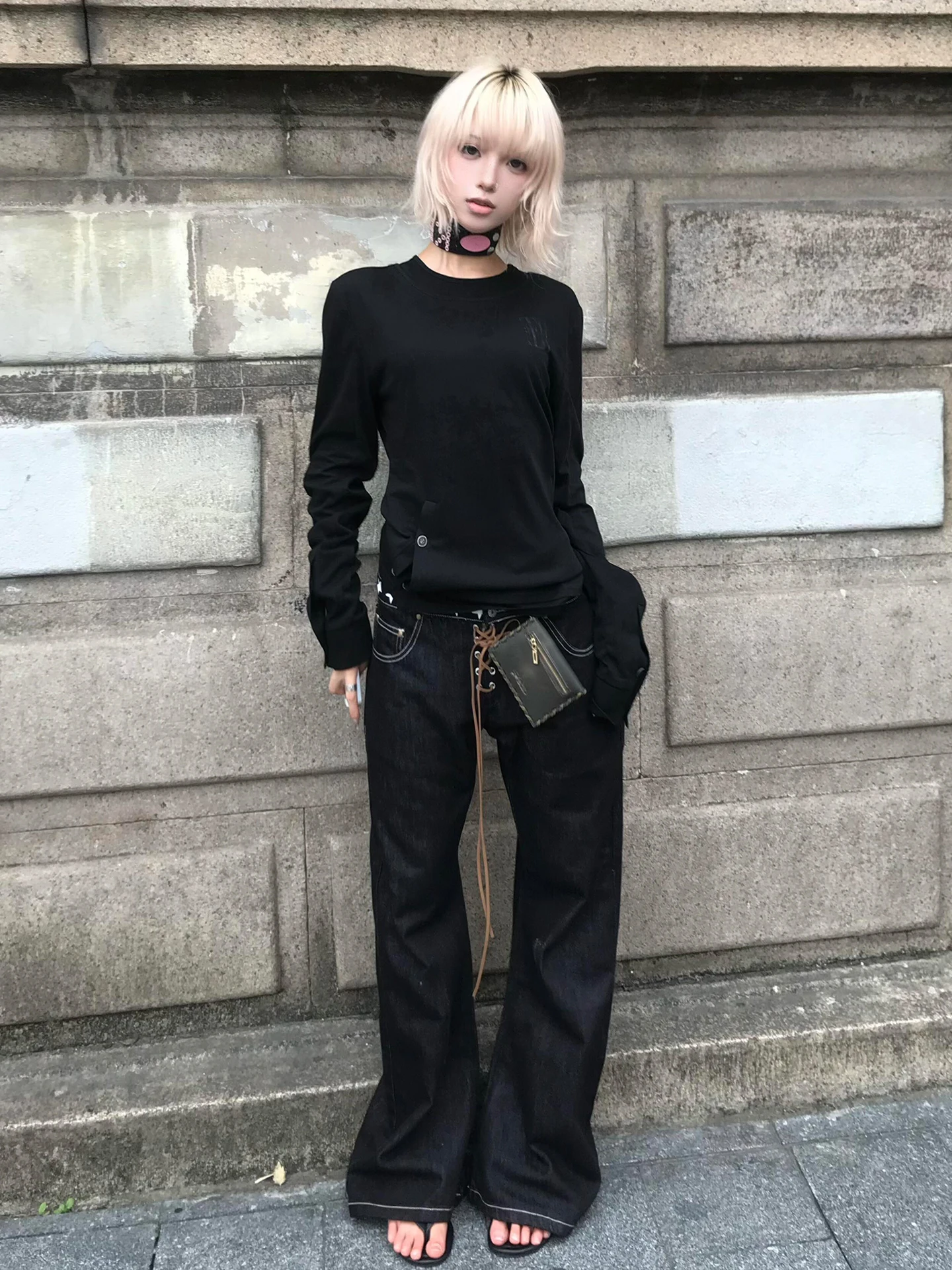 Genayooa القوطية تي شيرت تقليدي المرأة كم طويل زر Y2k ريترو الأسود الجرونج القمم الشارع الشهير 2000s طباعة بلايز الخريف