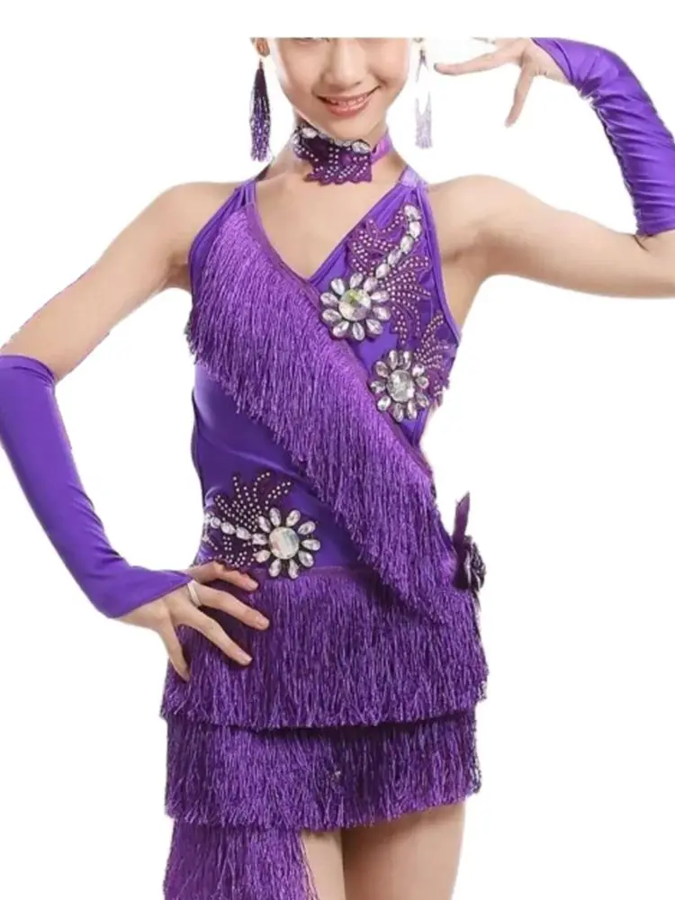 1set/lot kid children professional latin dance dress girls ballroom dancing dresses sequin tassel latin dancing dress