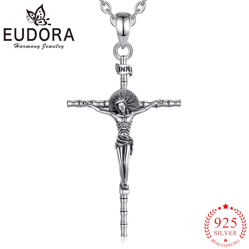 Eudora 925 Sterling Silver Crucifix Cross Necklace Jesus Amulet Pendant Christian Vintage Jewelry Men Women Personality Gifts