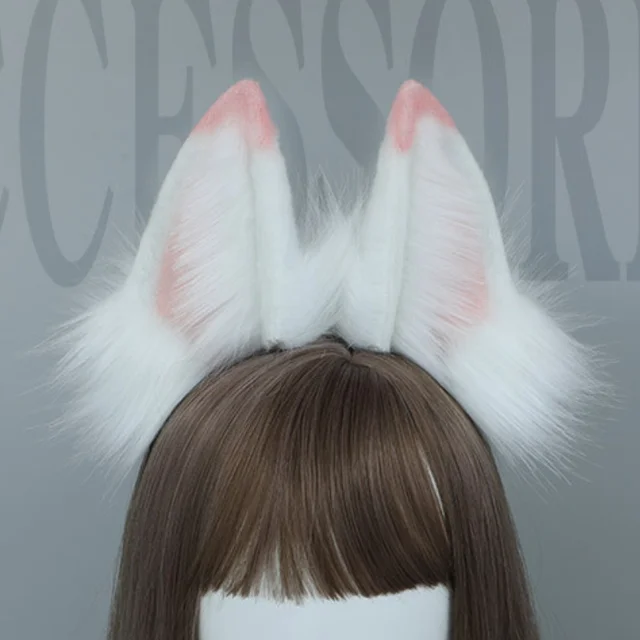 Futrzane białe uszy lisa nakrycia głowy Kawaii nakrycie głowy ze zwierzętami Anime Cosplay obręcz do włosów kostium Lolita występ na scenie rekwizyty na Halloween