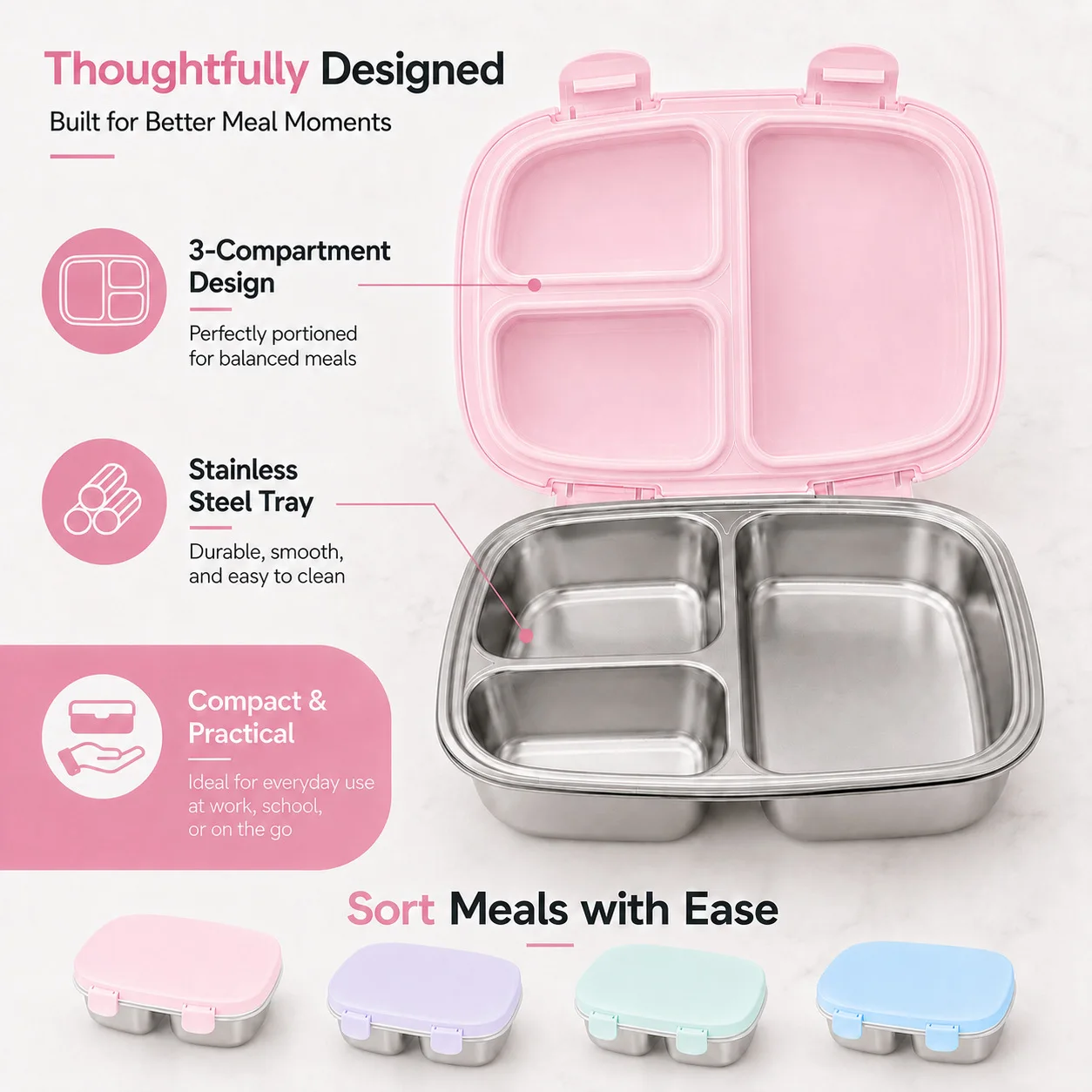 2026 Large-capacity three-compartment stainless steel lunch box, heat-preserving, leak-proof, smooth, durable and easy to clean