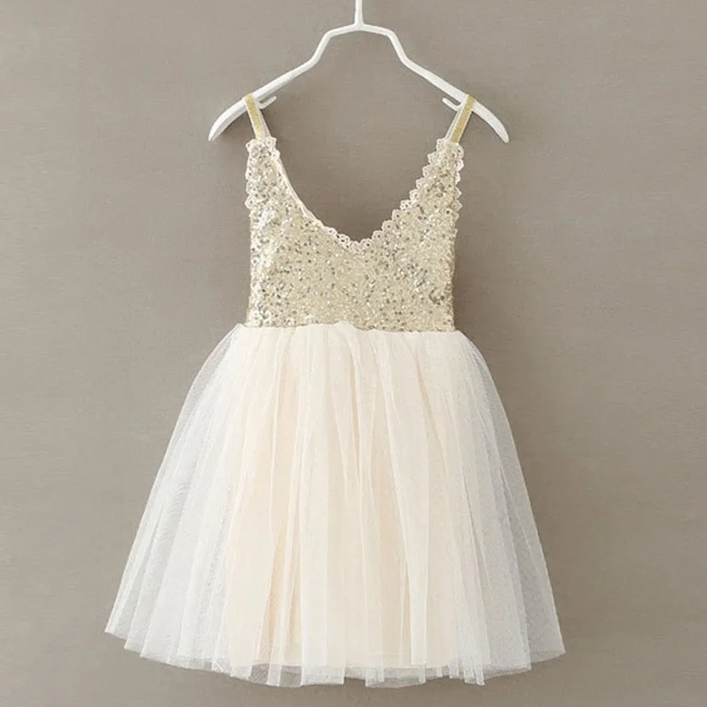 

New Hot Children Baby Dress Gold Sequined Lace Sling White Tutu Dresses For Party Wedding Clothing Size 2-6Y vestido infantil