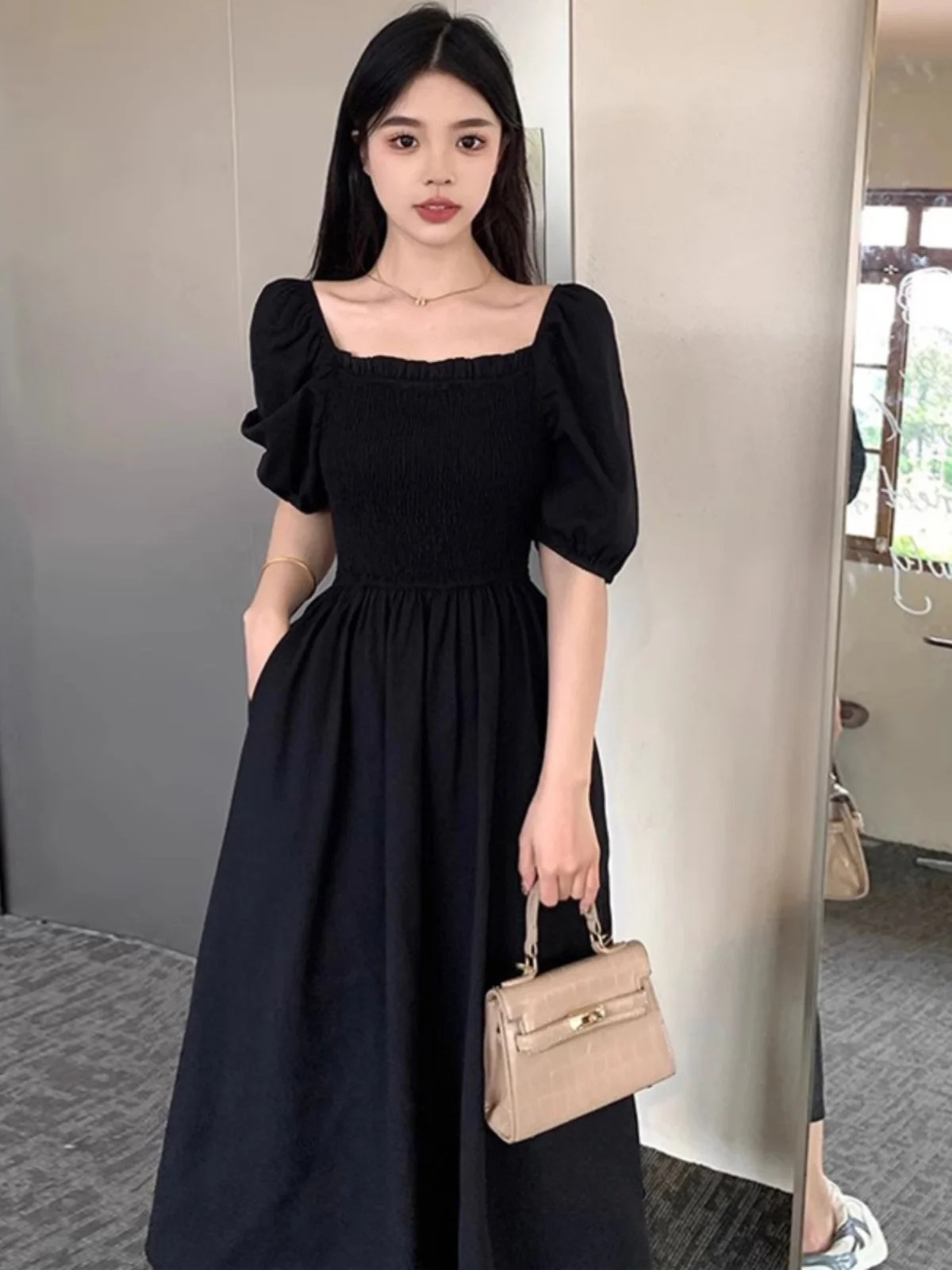 

Летнее платье больших размеров с квадратным вырезом, скрывающее недостатки фигуры, с завышенной талией, в ретро-стиле, с коротким рукавом, А-силуэт, миди, для женщин