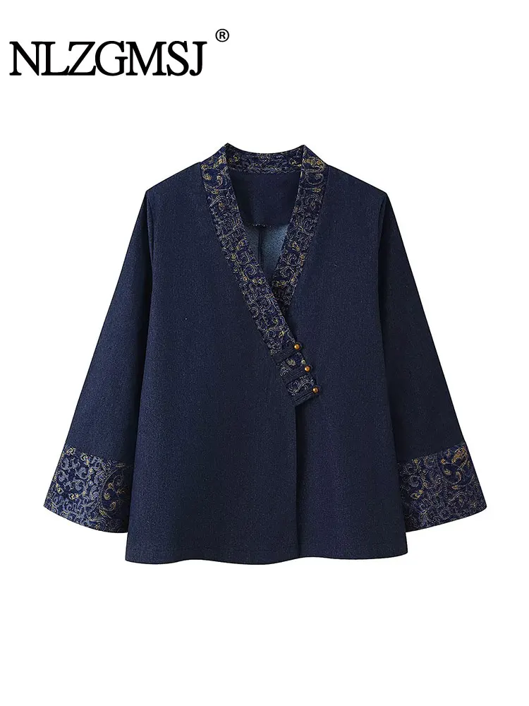 

NLZGMSJ Jacquard Decorative Short Jacket Tops for Women Loose Denim Kimono Style Tops Fashion Long Sleeves Tops