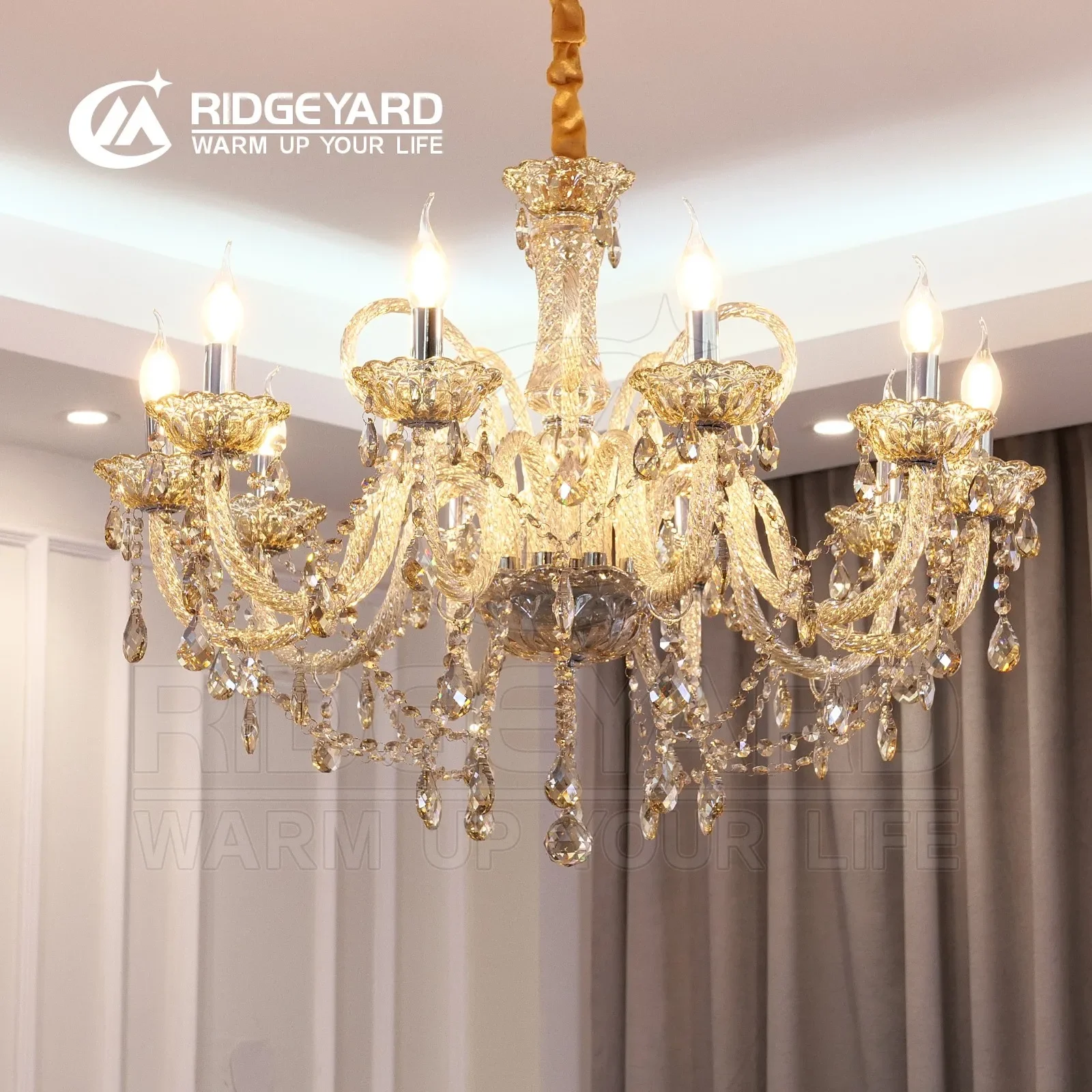 

TRY-YEAN Vintage Crystal 10 Arm Cognac Chandelier Classic K9 Crystals Drop Pendant Lighting for Living Room Bedroom Hallway E14