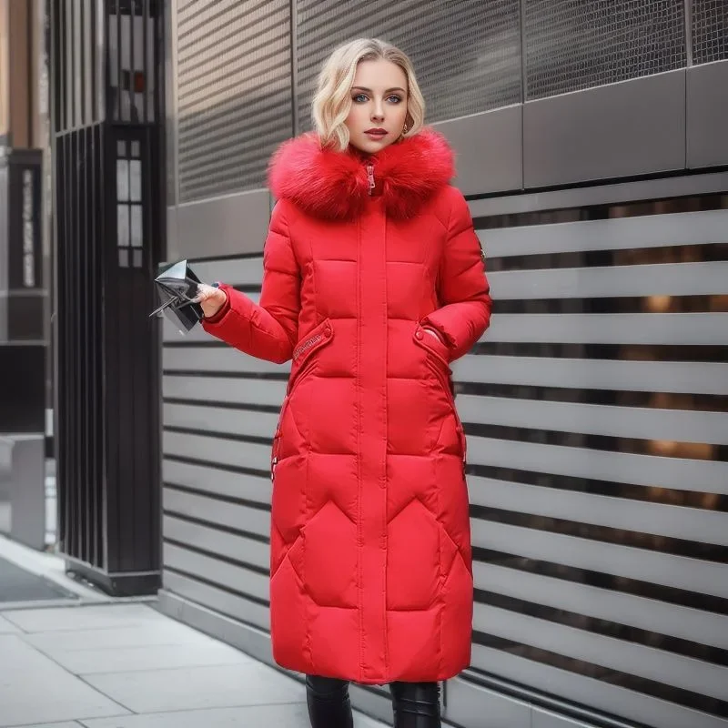 Women's Mid-length Parkas Winter New Fashion Slim Over The Knee Parkas Coat Large Hair Collar Thickened Cotton-padded Coat