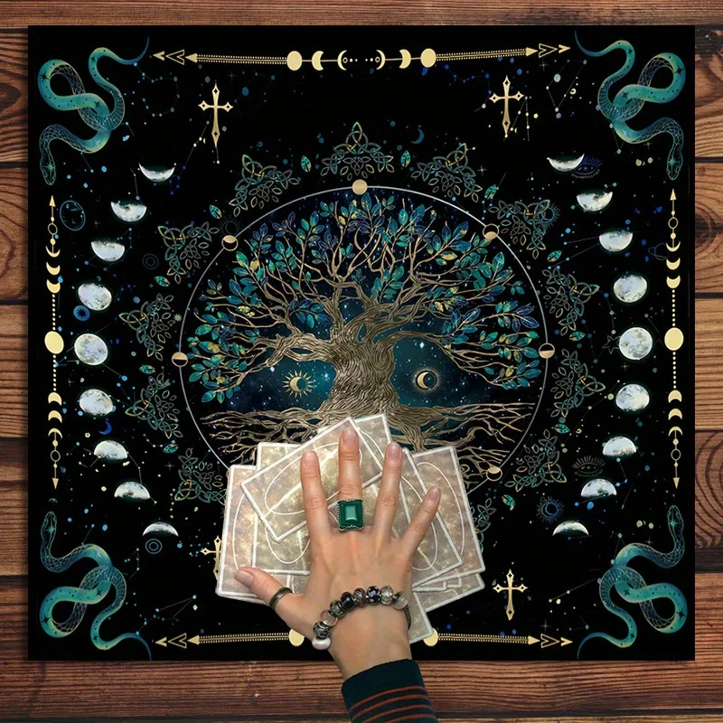 Enchanting Tree of Life & Moon Phase Tablecloth, Mystical Green With Blue Accents,Durable Washable Decor Cloth for Card Readings