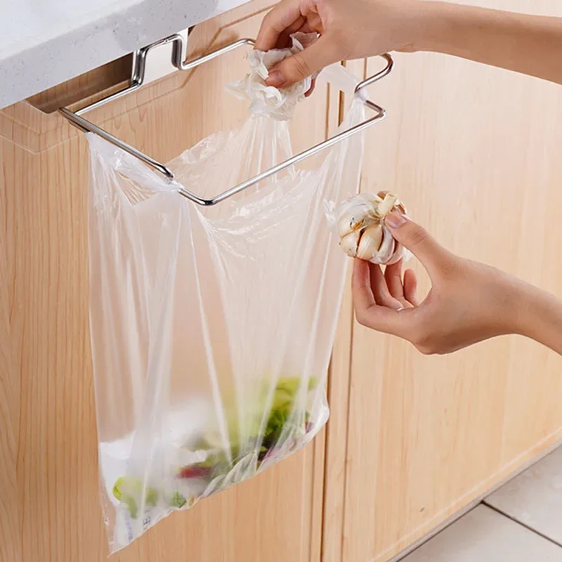 Stainless Steel Trash Bag Holder Garbage Storage Holder Kitchen Trash Rack Cabinets Door Grocery Bags Organizer Towel Hanging