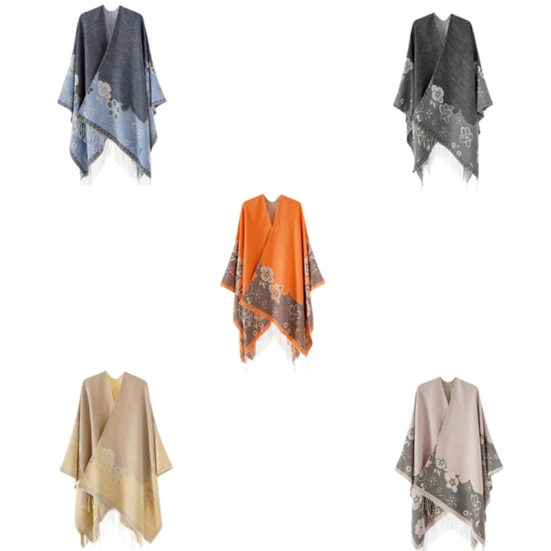 50JB Fashionable Tassels Fringe Sweater Ponchos Capes with Floral Pattern for Women Open Front Cardigan Shawl Wrap Cloak