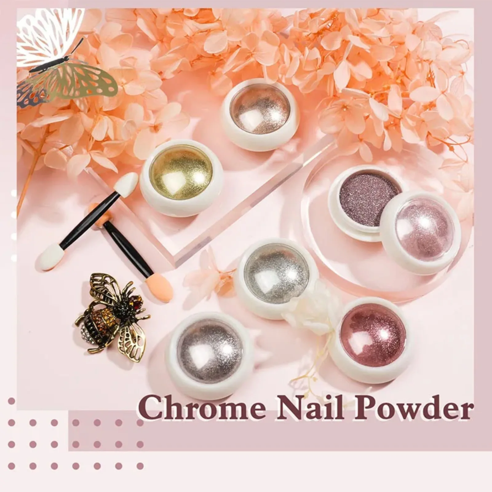 Espelho Chrome Nail Powder, Ouro Rosa, Efeito Espelho, Manicure Pigmento, Glitter Poeira, DIY Salon Home, 1 Caixa, 6 Frascos