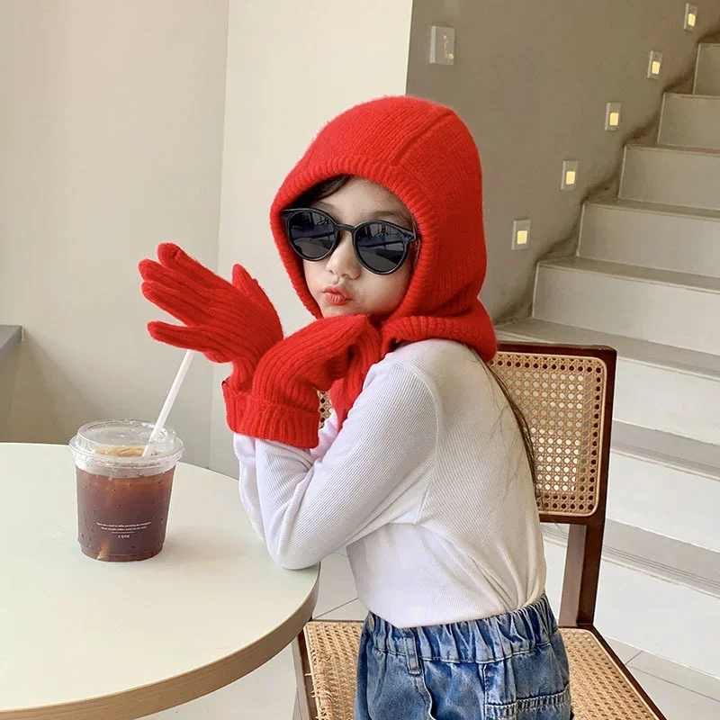 Children's Scarf Hat All-in-One Cap Contrast Color Edge Neck Sleeve One-Piece Cashmere Cotton Knit Hat Gloves Set Hole Gloves