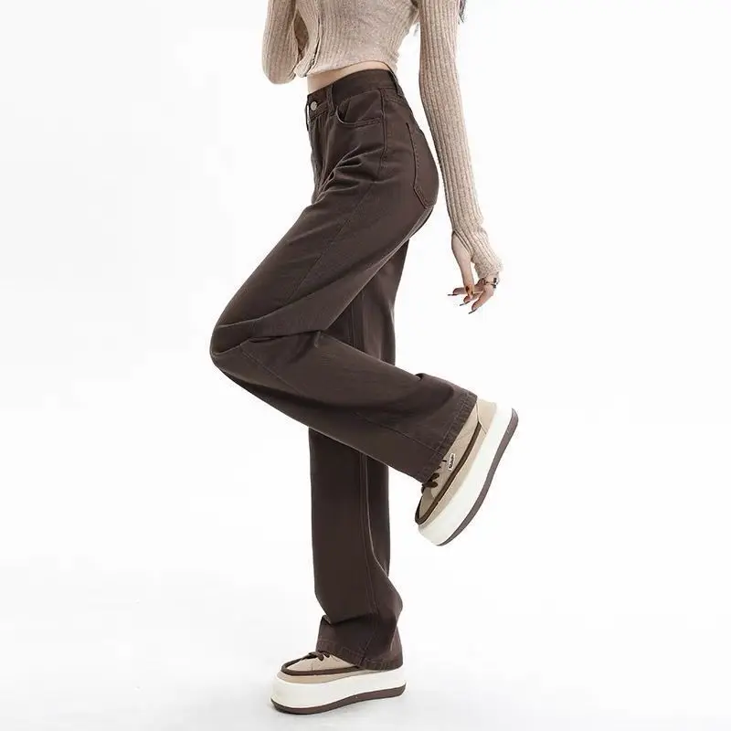 Damen Gerade Hose Herbst Hochgeschnittene Taschen-Weitbein-Hose Schlankmachende Damen-Studenten-Retro-Kaffee-Schmale Gerade Jeans – Detail 10
