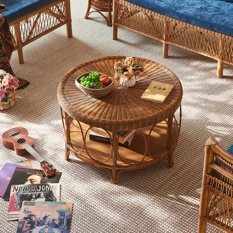 

Nordic Handcrafted Vintage Botanical Rattan Round Table – Artistic Woven Small Coffee & Tea Table for Living Room
