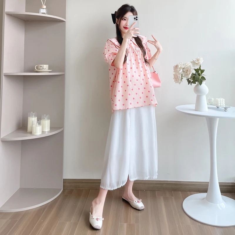 2024 Pregnant Women\'s Summer Polka Dot Blouses Sweet Doll Collar Maternity Blouses With Large Bowknot Lovely Pregnancy Tops Tees