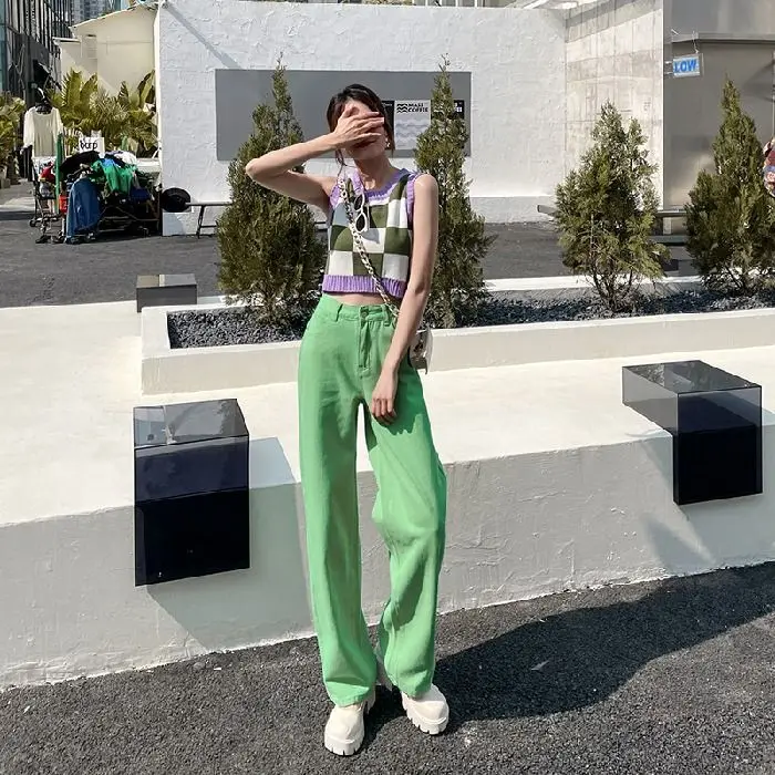 2024 Spring/Summer Korean Edition New Colored Wide Legged Pants High Waist Draping Slim Straight Leg Jeans