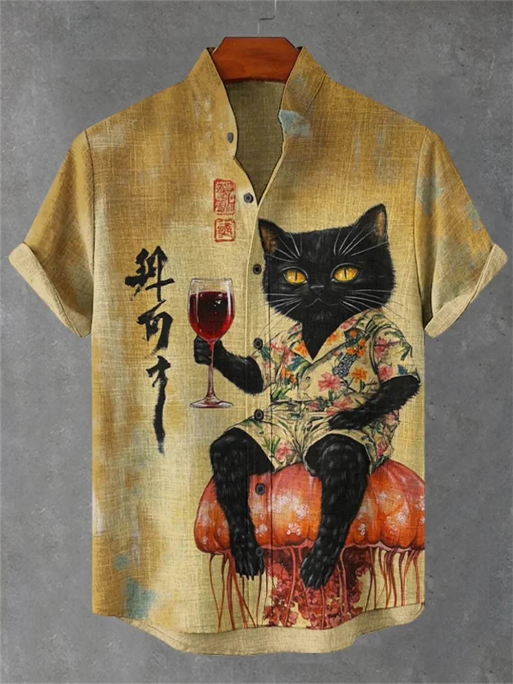 

Summer Men's Linen Stand-up Collar Short Sleeve Shirt Fashionable Creative Pattern Print Street Casual Clothing