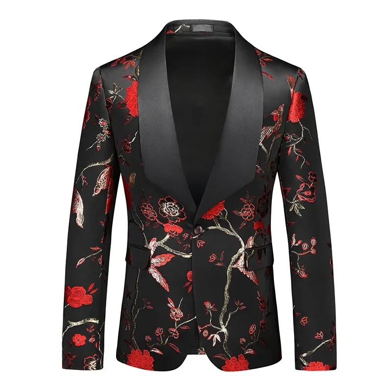 Spring Fall Korean Style Men Fashion Designer Dobby Floral One Button Blazer Coat , Man 5xl 6xl Host Jacquard Flower Blazers