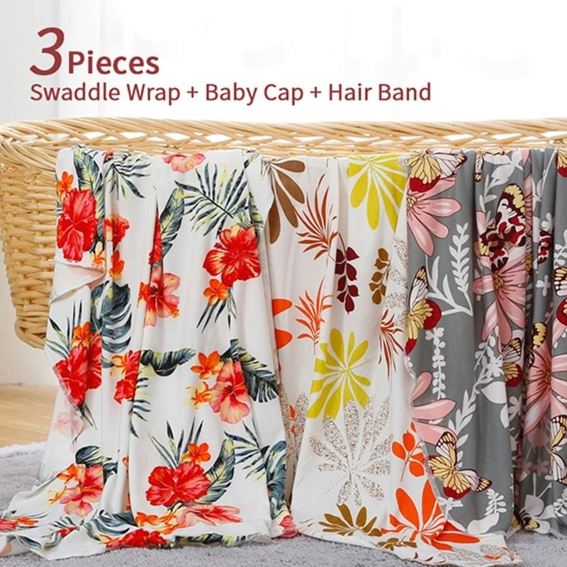 J15U 3 قطعة الوليد التقميط التفاف عقال طقم قبعات الطفل تلقي بطانية كيس النوم رباط شعر طقم قبعات للرضع بنين بنات
