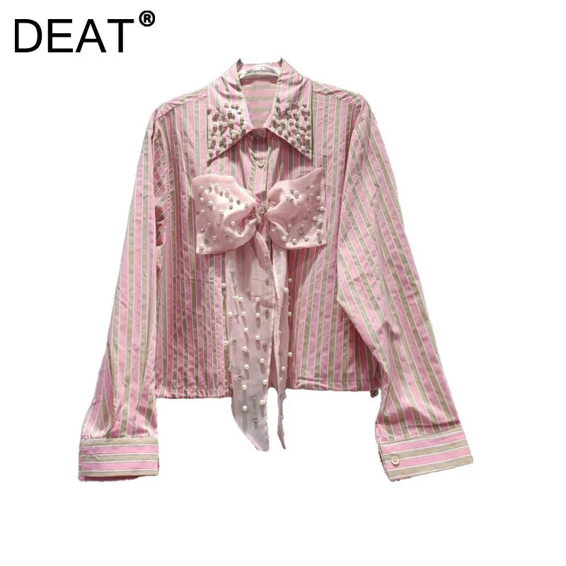 DEAT Women's Shirt Pink Blow Ribbon Embroidered Flares Sweet Striped Female Pearls Thin Blouse Spring 2025 New Fashion 29L9877