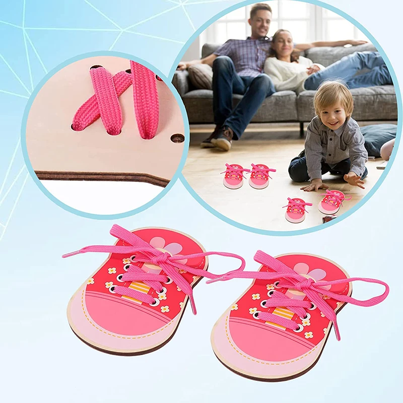 Montessori Toys Wooden Lace-up Shoe Toys Early Learning Basic Life Skills Learn To Tie Shoelaces Developmental Toys For Children