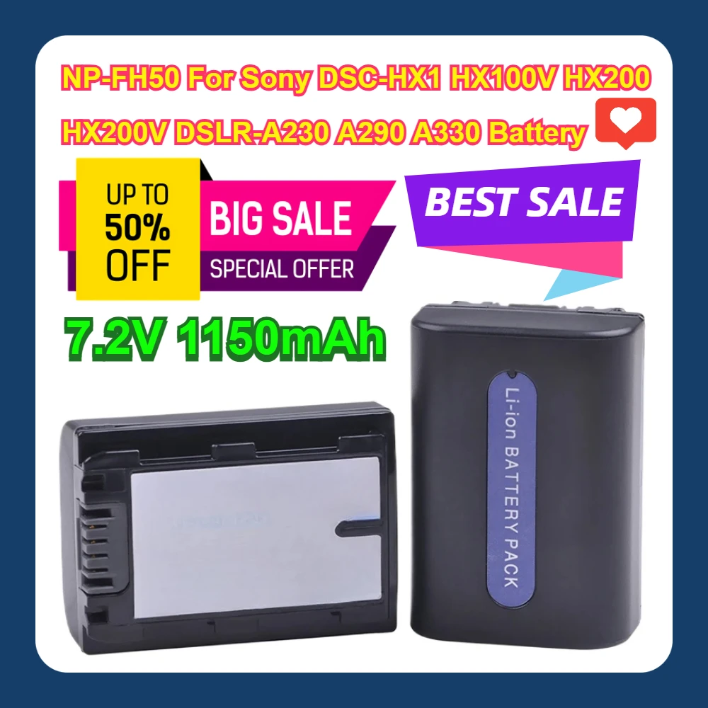 

7.2V 1150mAh NP-FH50 For Sony DSC-HX1 HX100V HX200 HX200V DSLR-A230 A290 A330 Battery