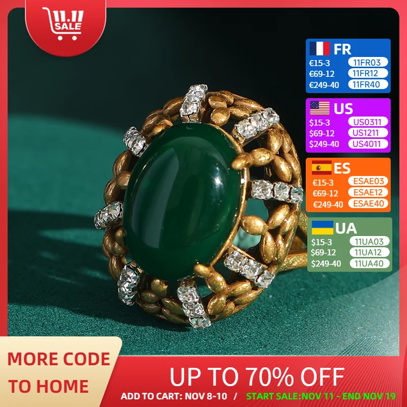 

Vintage Gold Color Green Emerald Ring Natural Stone For Woman Antique Cubic Zinconia Retro Accessories Cocktail 2025 New