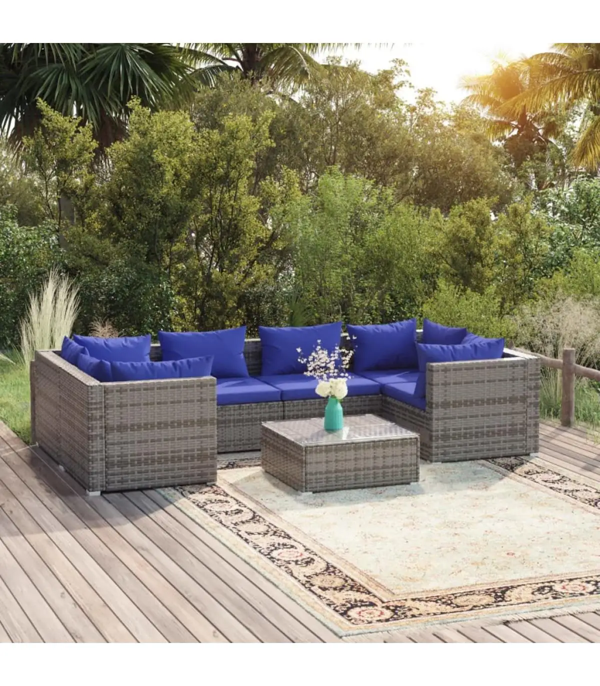 Garden sets garden furniture Set 7 PCs and cushions gray synthetic rattan