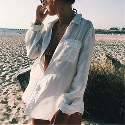 Sommer Strand Bluse Bikini Sonnenschutz Weißes Hemd Badeanzug Abdeckung-ups Sexy Beach Cover Up Frauen Top saida de praia pareo